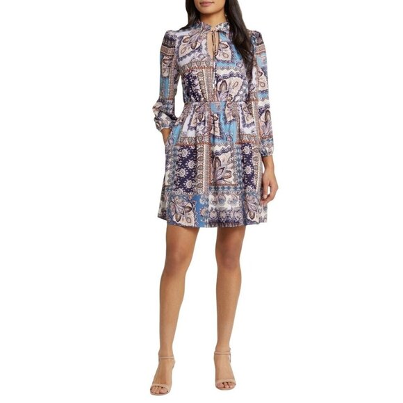 Vince Camuto Dresses & Skirts - Vince Camuto Womens Blue Multi Paisley High Tie Neck Long Sleeve Dress Sz 10 New